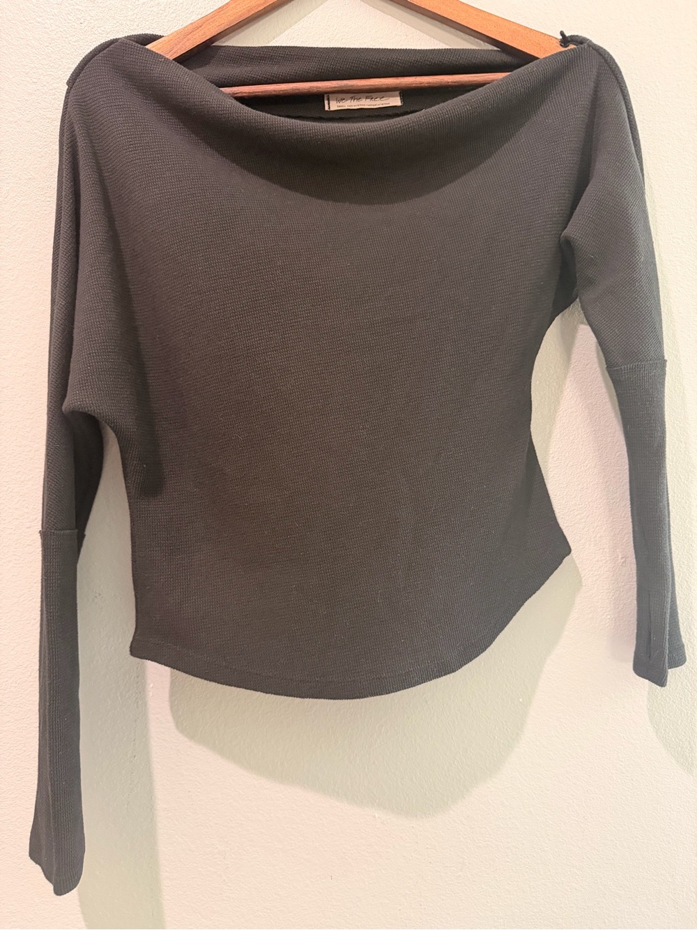 We The Free Off-the-Shoulder Waffle Sweatshirt Asymmetrical Sleeves Black Grunge